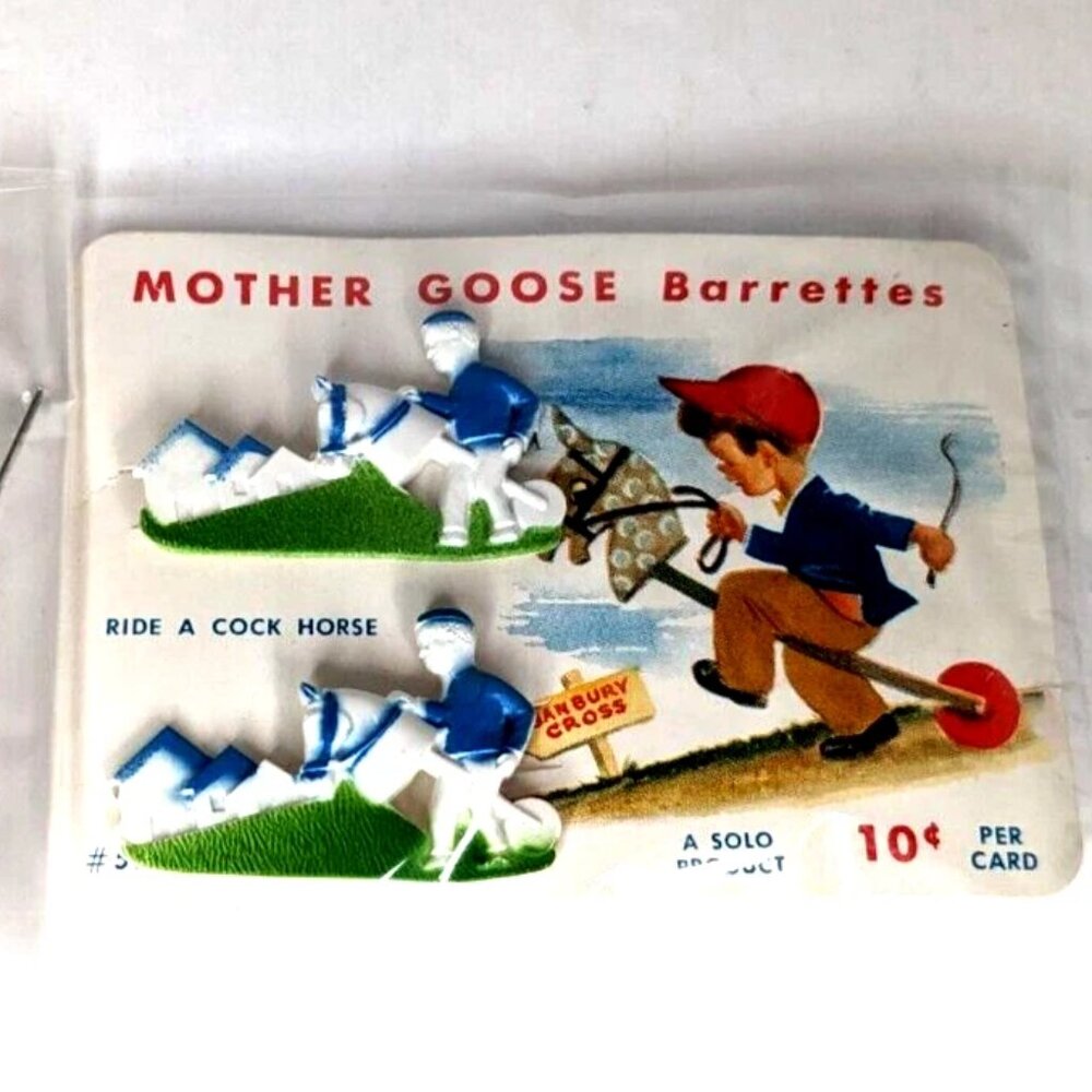 1950s Mother Goose Barrettes SOLO Hair Clips, Ride a Horse Vintage